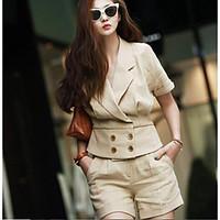 Women\'s Going out Casual/Daily Holiday Vintage Cute Street chic Summer Shirt Pant Suits, Solid Shirt Collar Short Sleeve