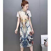 Women\'s Going out Casual/Daily Party Vintage Chinoiserie Sheath Dress, Floral Stand Knee-length Short Sleeve Linen Summer Mid Rise