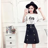 Women\'s Going out Casual/Daily Simple Cute Spring Summer T-shirt Skirt Suits, Solid Round Neck Short Sleeve Micro-elastic
