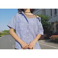 Women\'s Going out Vintage Summer T-shirt, Striped Shirt Collar Short Sleeve Cotton Medium