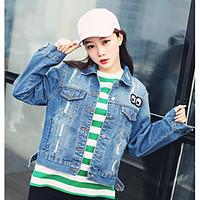 womens going out cute spring denim jacket letter stand long sleeve reg ...