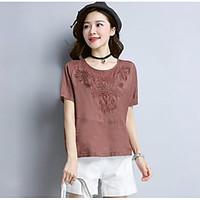 Women\'s Daily Casual Simple Summer T-shirt, Embroidery Round Neck Short Sleeve Linen Thin