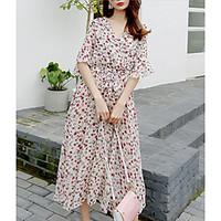 Women\'s Casual A Line Dress, Print V Neck Midi Short Sleeve Polyester Summer Mid Rise Inelastic Thin