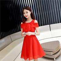 Women\'s Casual A Line Dress, Solid Round Neck Knee-length Short Sleeve Orlon Summer High Rise Inelastic Thin