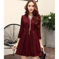 Women\'s Casual A Line Dress, Solid Shirt Collar Above Knee 3/4 Length Sleeve Cotton Spring Mid Rise Inelastic Medium