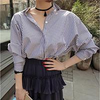 womens daily simple cute shirt striped stand long sleeve cotton