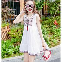 Women\'s Daily Casual Simple Cute A Line Dress, Solid Embroidery Round Neck Above Knee Sleeveless Polyester Summer Mid Rise Inelastic Thin