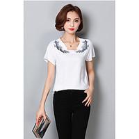 Women\'s Casual/Daily Simple Sophisticated T-shirt, Solid Print Round Neck Short Sleeve Cotton Linen