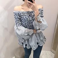 womens casualdaily simple blouse print color block boat neck long slee ...