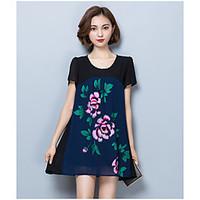 Women\'s Casual/Daily Chinoiserie Sophisticated Blouse, Color Block Embroidered Round Neck Short Sleeve Cotton