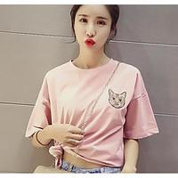 womens casual simple summer t shirt cat letter round neck short sleeve ...