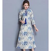 womens casualdaily simple loose dress print stand midi sleeve cotton s ...