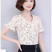 Women\'s Casual Simple Summer Blouse, Print Round Neck Short Sleeve Chiffon Medium