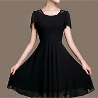 womens plus size simple skater dress plaid stand knee length length sl ...