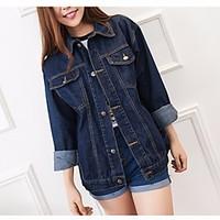 Women\'s Casual/Daily Simple Spring Denim Jacket, Solid Stand 3/4 Length Sleeve Long Cotton