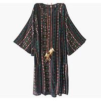 Women\'s Casual/Daily Swing Dress, Polka Dot Striped Print U Neck Maxi Long Sleeve Cotton Bamboo Fiber Spring Summer Mid Rise Micro-elastic