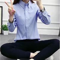 Women\'s Going out Casual/Daily Cute All Seasons Shirt, Solid Shirt Collar Long Sleeve Cotton Medium