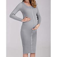 Women\'s Casual/Daily Sheath Dress, Solid Round Neck Midi Long Sleeve Cotton Spring Mid Rise Micro-elastic Medium