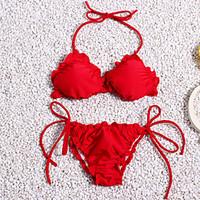 Women\'s Halter Bikinis , Ruffle / Solid Wireless / Padded Bras Polyester Red