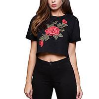 Women\'s Embroidery Going out Casual/Daily Vintage Street chic Bare Midriff Summer Fall T-shirtEmbroidered Hole Round Neck Short Sleeve Medium