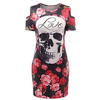 Women\'s Casual/Daily Club Vintage Street chic Bodycon DressFloral Print Rose Skull Letter Round Neck Above Knee Short Sleeve SummerMid