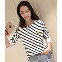 Women\'s Casual/Daily Simple Spring Summer T-shirt, Striped Patchwork Round Neck Long Sleeve Cotton Thin