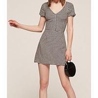 Women\'s Casual/Daily Simple Skater Dress, Check V Neck Above Knee Short Sleeve Cotton Summer Mid Rise Micro-elastic Medium