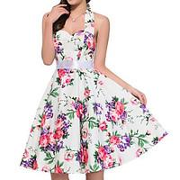 Women\'s Going out Vintage Swing Dress, Floral Halter Knee-length Sleeveless Cotton Summer Mid Rise Inelastic Medium
