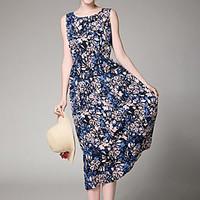 Women\'s Beach Simple Swing Dress, Print Round Neck Midi Sleeveless Polyester Summer Mid Rise Inelastic Medium