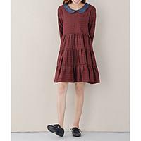 Women\'s Casual/Daily A Line Dress, Print Color Block Shirt Collar Knee-length Long Sleeve Cotton Spring Fall High Rise Micro-elastic Thin