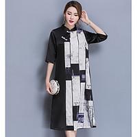 Women\'s Casual/Daily Shift Dress, Color Block Stand Midi ¾ Sleeve Silk Spring Summer High Rise Micro-elastic Thin
