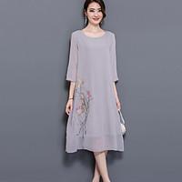 Women\'s Plus Size Going out Simple Chinoiserie Loose Dress, Embroidered Round Neck Midi ¾ Sleeve Polyester Summer Mid Rise Micro-elastic
