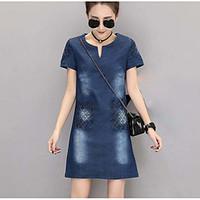 Women\'s Going out Denim Dress, Solid Round Neck Above Knee Short Sleeve Cotton Summer Mid Rise Micro-elastic Thin