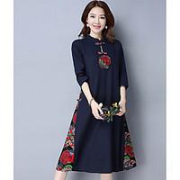womens casualdaily vintage loose dress embroidered round neck knee len ...