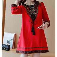 Women\'s Going out A Line Dress, Solid Round Neck Above Knee Long Sleeve Cotton Spring Summer Mid Rise Micro-elastic Thin