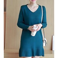 Women\'s Casual/Daily A Line Dress, Solid V Neck Above Knee Long Sleeve Cashmere Spring Mid Rise Inelastic Medium