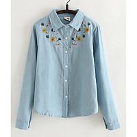 Women\'s Casual/Daily Simple Cute Spring Summer Shirt, Embroidered Shirt Collar Long Sleeve Cotton Thin