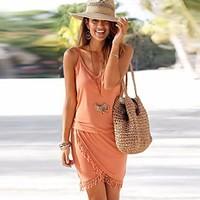 Women\'s Beach Holiday Street chic Bodycon Dress, Solid V Neck Asymmetrical Sleeveless Others Summer Mid Rise Micro-elastic Thin