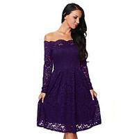 Women\'s Purple Long Sleeve Floral Lace Boat Neck Cocktail Swing Dress