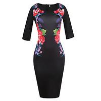 Women\'s Plus Size Party Vintage Bodycon Dress, Floral Round Neck Knee-length ½ Length Sleeve Cotton Polyester Summer High Rise