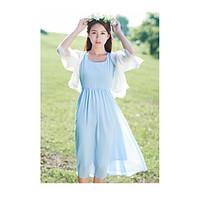 Women\'s Casual/Daily Simple Loose Dress, Solid Round Neck Midi Sleeveless Cotton Summer Mid Rise Micro-elastic Medium