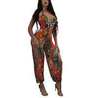 Women\'s High Rise Casual/Daily Club Holiday Jumpsuits, Sexy Vintage Boho Slim Cut Out Split Holiday Fashion Color Block Print Spring Summer