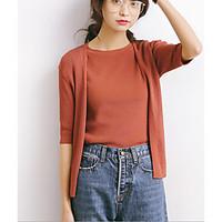 Women\'s Casual/Daily Vintage Summer T-shirt, Solid Round Neck Short Sleeve Cotton Medium