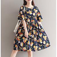 Women\'s Going out Vintage Loose Dress, Floral Round Neck Knee-length Short Sleeve Others Summer Fall High Rise Inelastic Medium