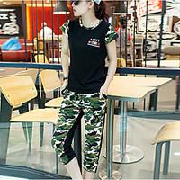 womens sports active spring summer t shirt pant suits camouflage round ...