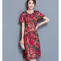 womens casual vintage shift dress floral round neck midi short sleeve  ...