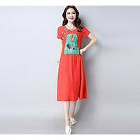 Women\'s Casual Chinoiserie Loose Dress, Solid Embroidery Round Neck Midi Short Sleeve Cotton Summer Mid Rise Inelastic Medium