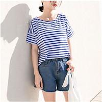 Women\'s Daily Simple Cute T-shirt, Striped Round Neck Short Sleeve Cotton