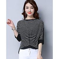 womens casual simple t shirt striped round neck sleeve cotton