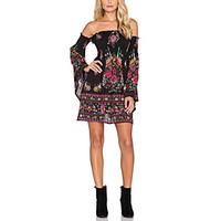 Women\'s Formal Party Holiday Sexy Boho Sophisticated Loose Sheath Dress, Floral Boat Neck Above Knee Long Sleeve Black Polyester